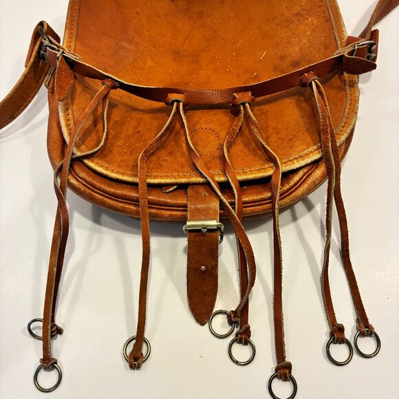 Very Rare 1970's Danish Leather Saddle Shoulder Bag – Ring-Fringe & Suede Ties - Picture 1 of 11